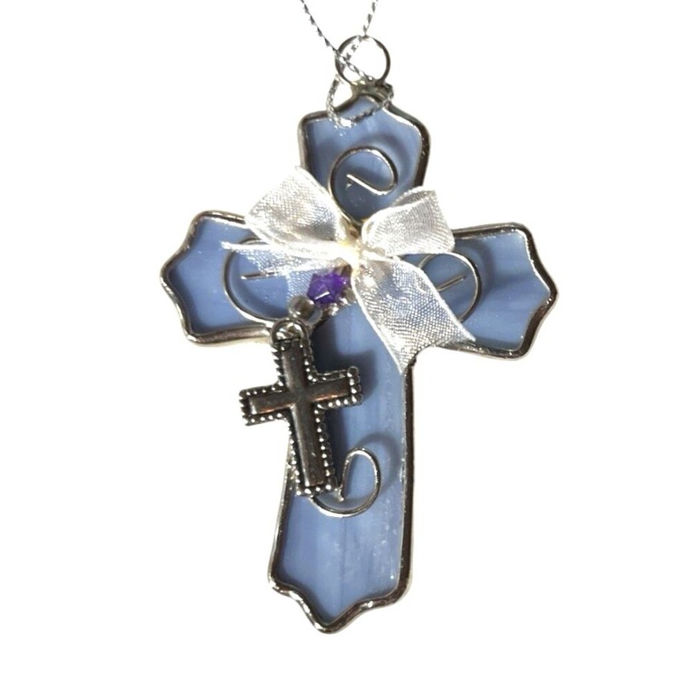 Vintage Handmade Stained Glass Blue Cross Ornament Suncatcher Decoration 3"